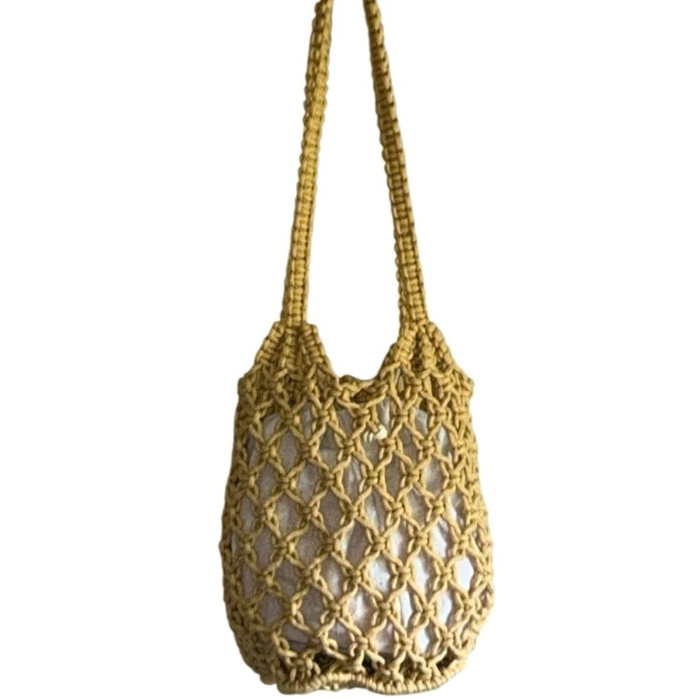Summer Crochet Rope Shoulder Bag Tote with Drawstring Insert in Tan - Picture 2 of 8